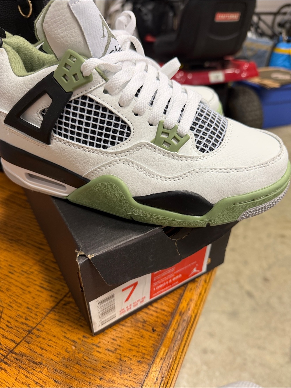 Air Jordan 4 Inspired White & Olive Green Sneakers